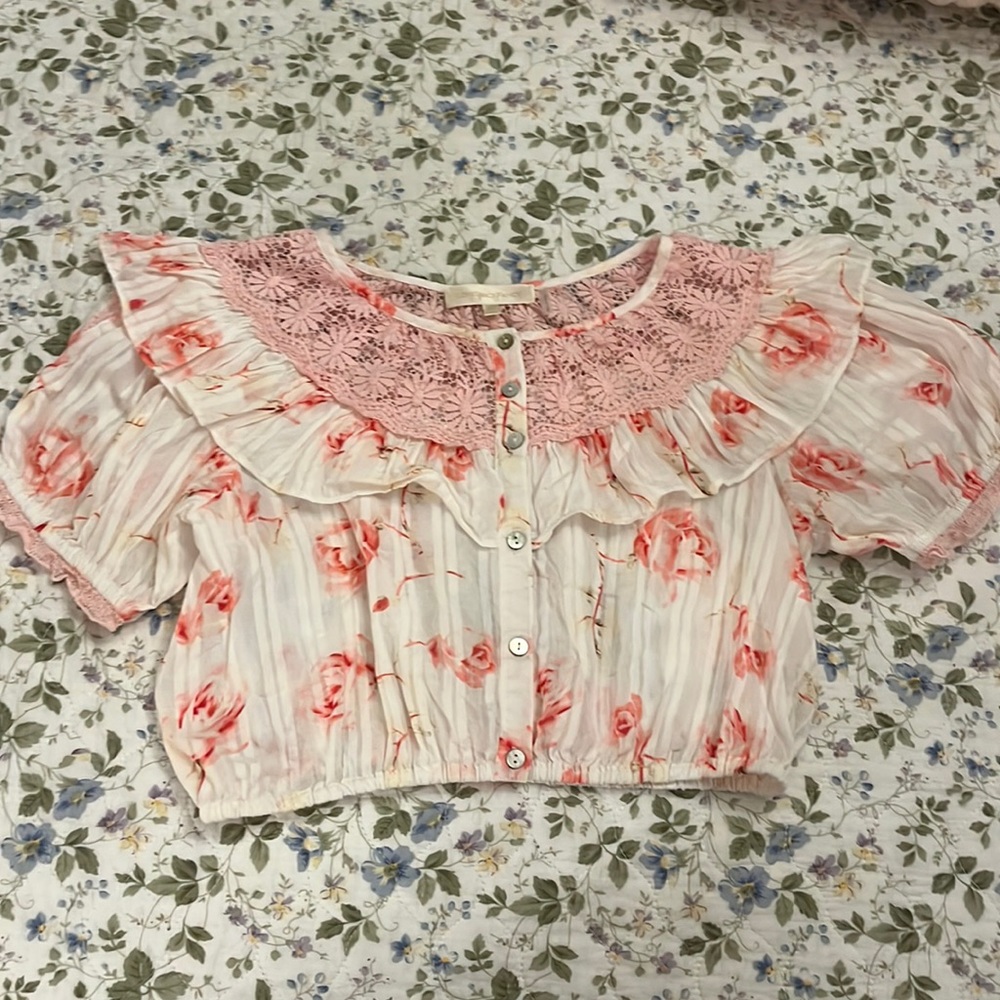LoveShackFancy Pink Floral Ruffle Top